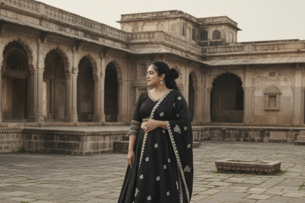 Woman wearing a black designer lehenga with golden embroidery, representing the elegance and craftsmanship of Anokhi by Sneha boutique in Rajkot, posing in a historic heritage courtyard.