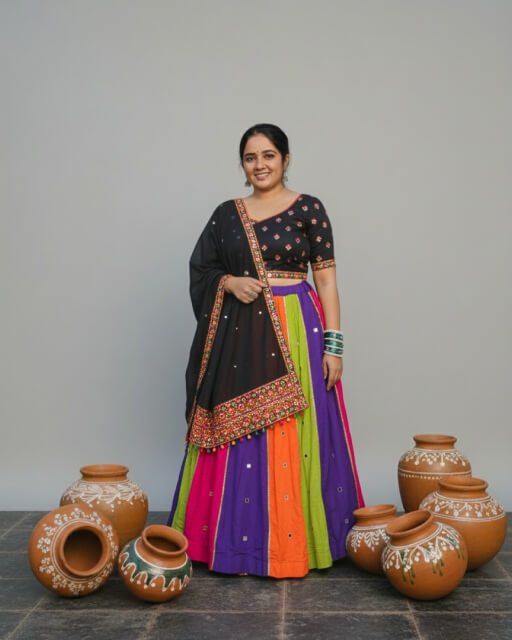 Woman wearing a multicolor chaniya choli with black embroidered blouse and dupatta, custom-designed by Anokhi by Sneha boutique in Rajkot, surrounded by traditional decorated clay pots.
