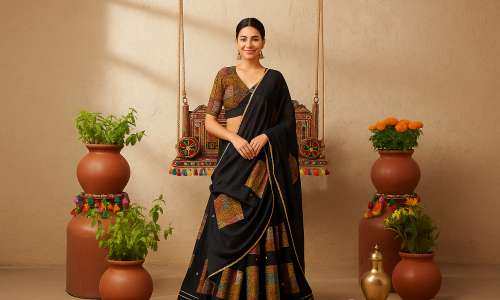 Woman wearing a black chaniya choli with multicolor patchwork, custom-designed by Anokhi by Sneha boutique in Rajkot, standing gracefully in front of a decorated swing with traditional pots and flowers.